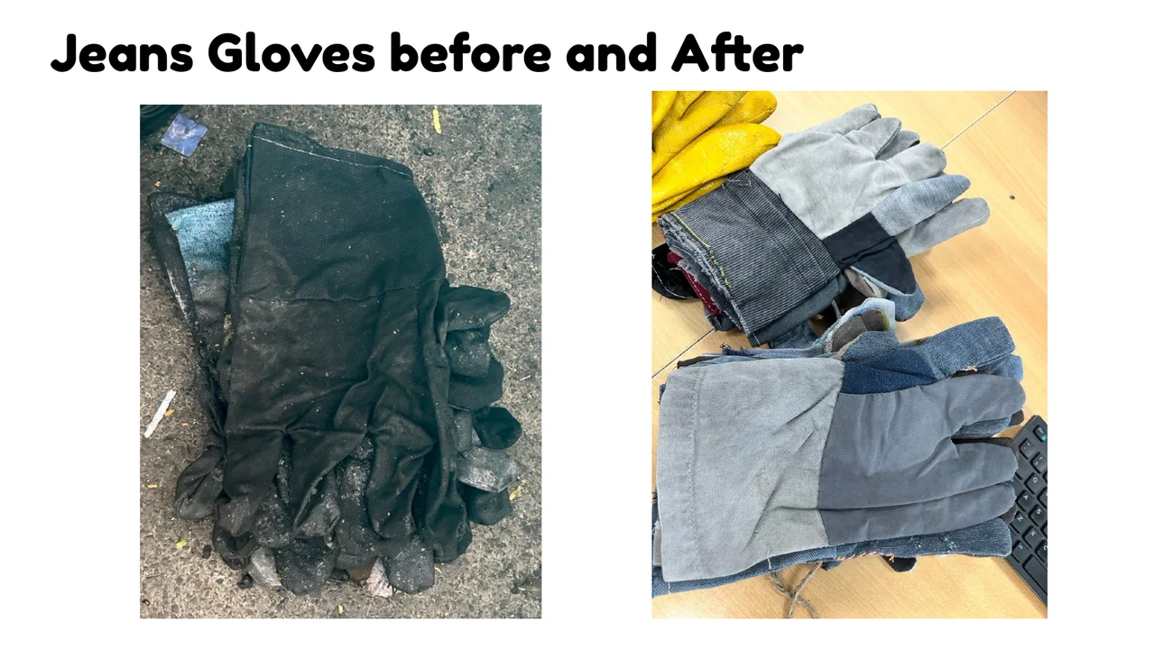 Jeans gloves before and after industrial PPE recycling