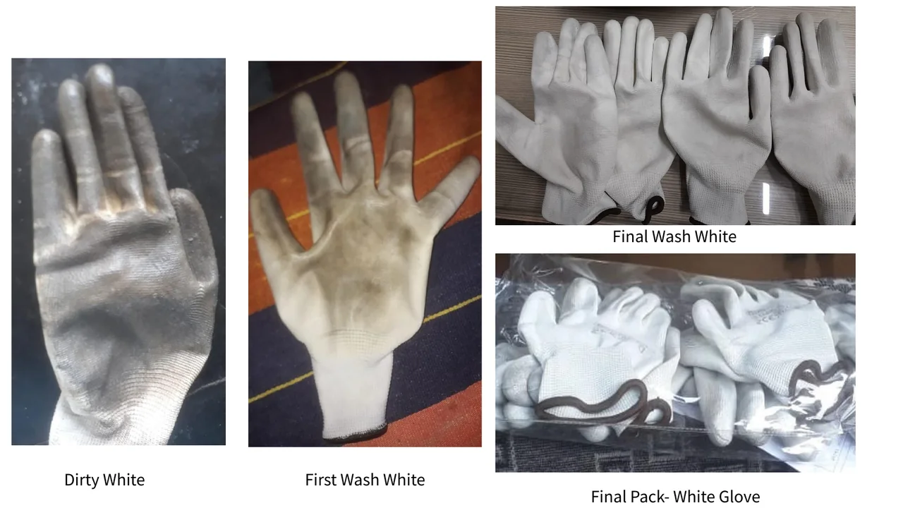 White gloves dirty, first wash, final wash, and final packed condition